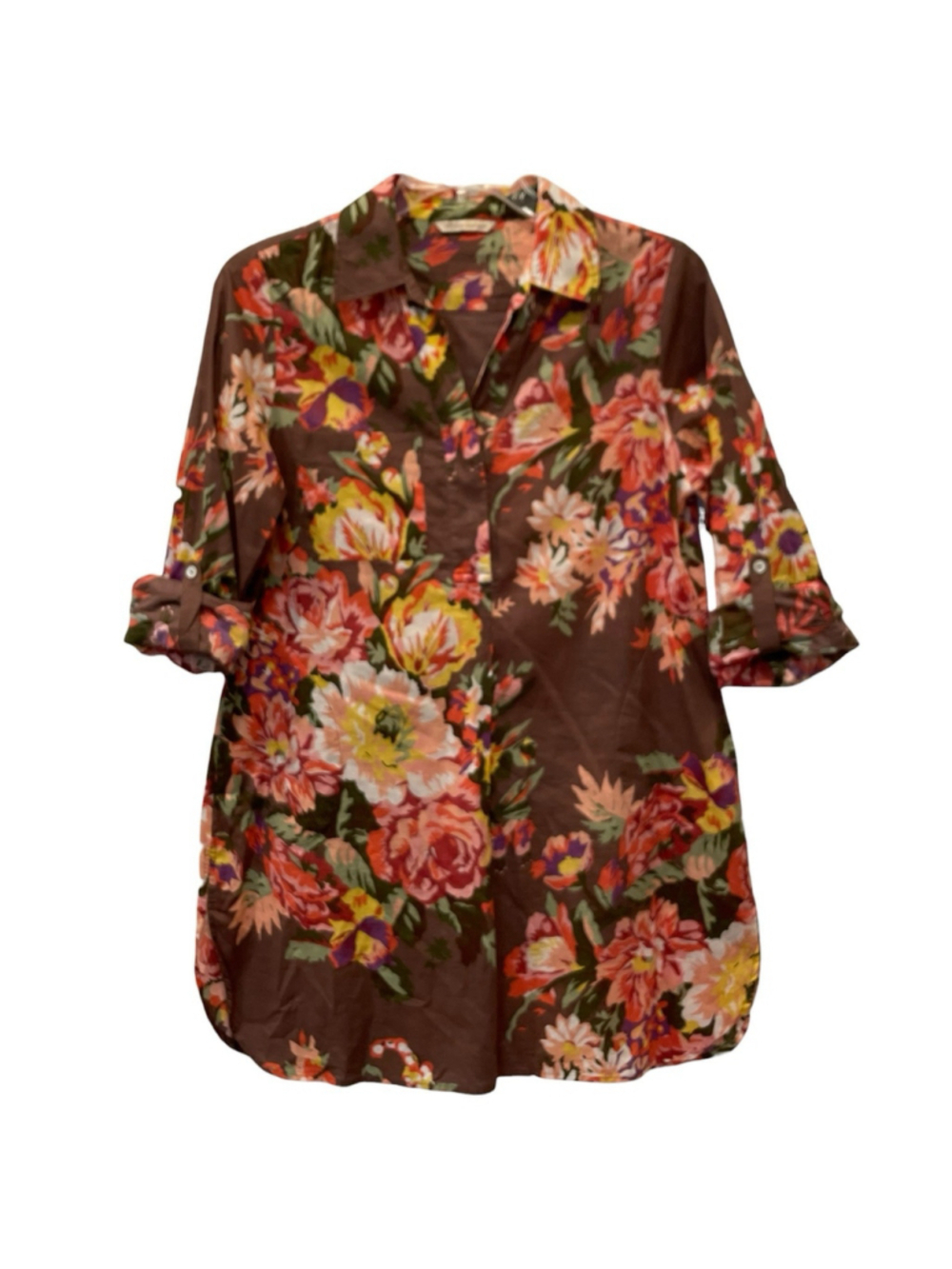 Soft Surroundings Womens Size Large Brown Floral Tunic Top Button Front Pockets - Picture 3 of 15